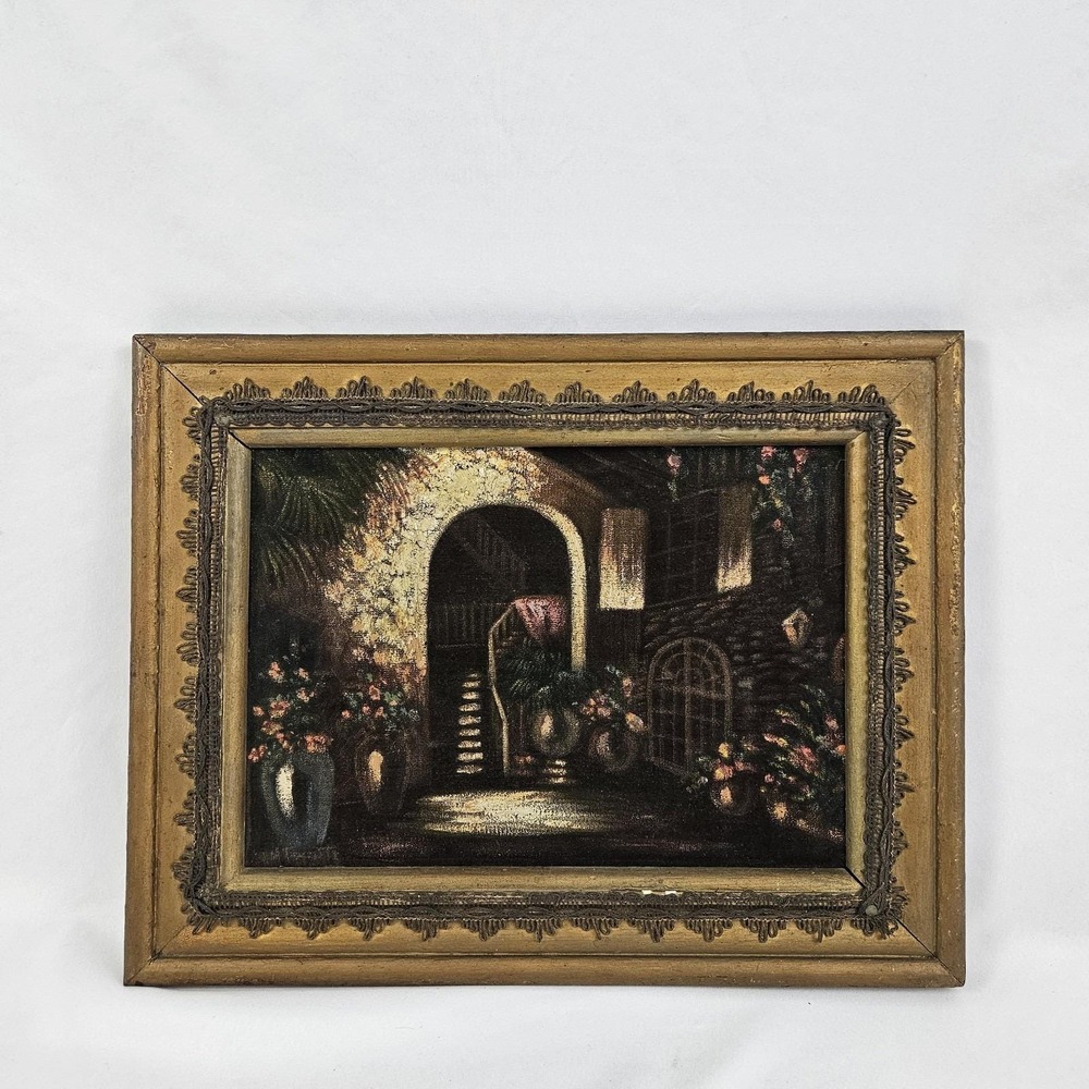 Tuscan Black Velvet Oil Painting Antique Art Nouveau Gold Frame Signed Vintage